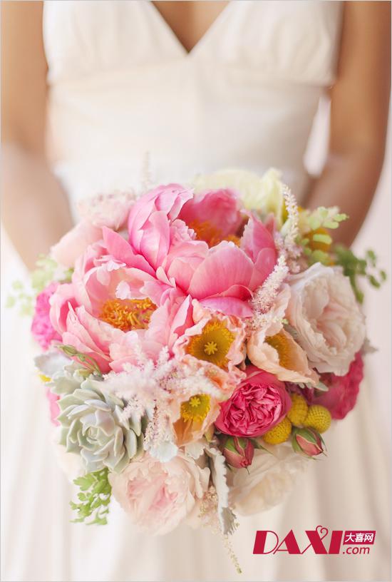 floral, bouquet, dress, white, v-neck, peony, succulent, billy buttons, rose, flowers, real, beautiful