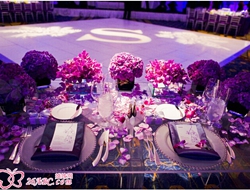 浪漫紫色灯光下的室内婚礼布置摄影