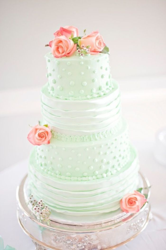清新薄荷绿层叠奶油婚礼蛋糕-粉色玫瑰装饰DIY蛋糕甜点