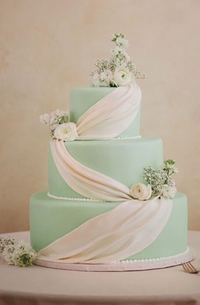 薄荷绿优雅缎带3层婚礼蛋糕