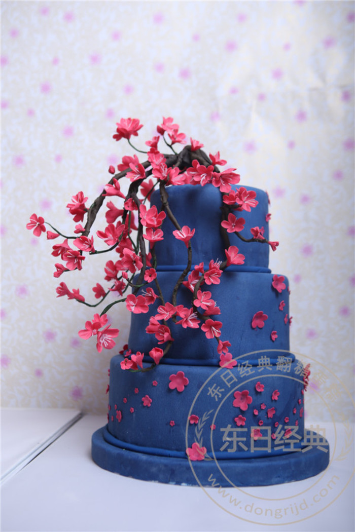 东日经典三层梅花婚礼婚庆结婚翻糖蛋糕冬季用蓝色玫红色中国风中式婚礼必备