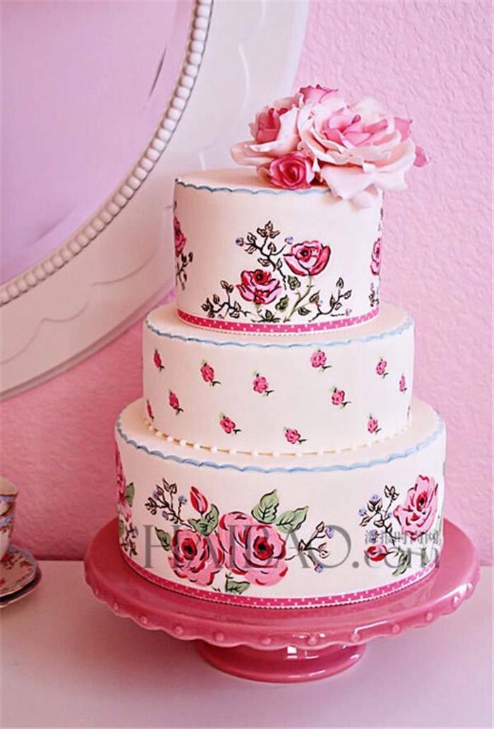 翻糖 婚礼 鲜花 粉色 手绘 蛋糕 甜点