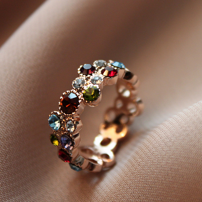 花一开满就相爱 民族风彩钻戒指精致指环饰品配饰 女士韩版时尚