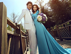 自然林间木板桥浪漫优雅婚纱礼服摄影照片