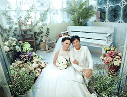 爱摩印象韩式花园室内漂亮花盆长椅摄影婚纱照片