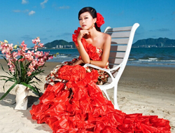 红色喜庆礼服唯美梦幻海滩简约背景婚纱摄影照片