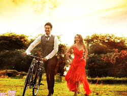 夕阳西下野外自行车欧式风格优雅婚纱摄影照片