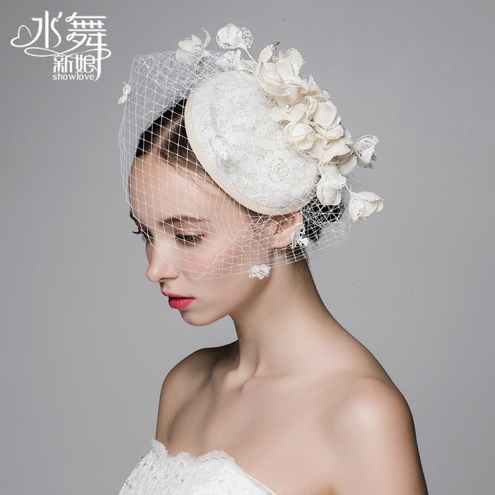 水舞新娘手工棉麻森女花朵网纱礼帽结婚头饰婚纱配网帽拍照 B0838