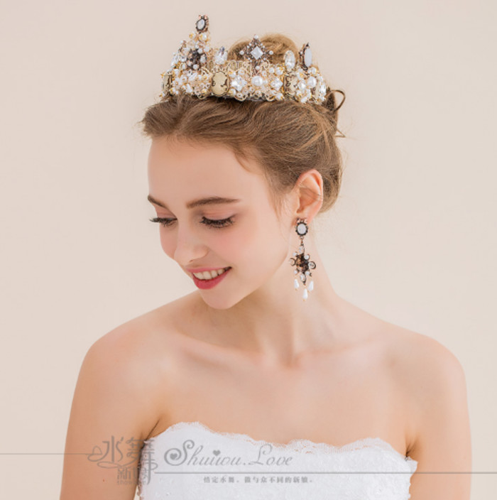 水舞新娘皇冠 复古巴洛克水钻串珠结婚王冠套装婚纱摄影头饰A1151