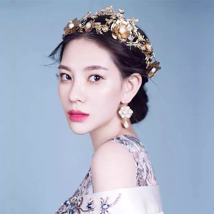 韩式高端复古巴洛克金色花朵珍珠新娘结婚纱皇冠头饰耳环套装