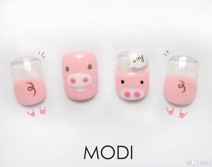 粉色可爱猪美甲