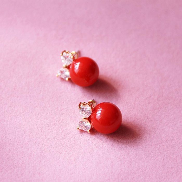 红色蝴蝶结耳钉 新娘敬酒礼服耳坠韩国首饰珍珠锆石耳饰