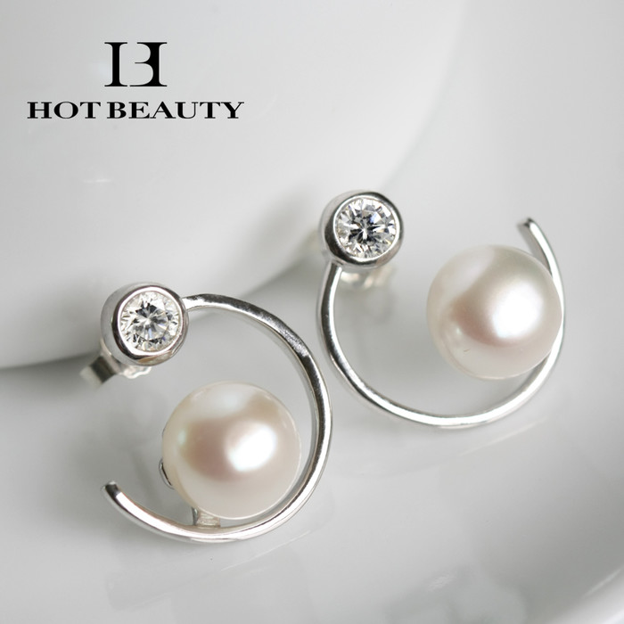 hotbeauty韩国气质珍珠耳钉纯银女款 时尚个性水钻银耳钉耳环