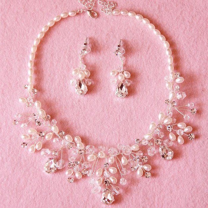 韩式结婚饰品新娘两件套装珍珠水晶水钻项链耳环首饰婚纱配饰