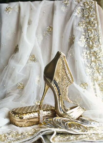 金色新娘配饰,新娘耳环,新娘婚鞋