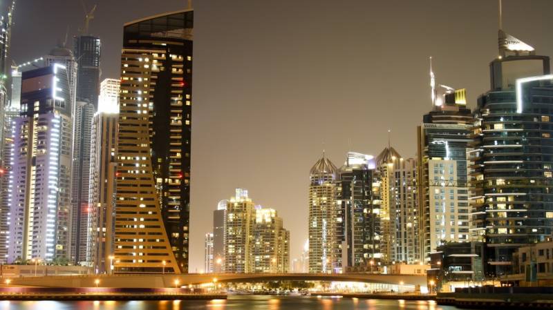 俯拍迪拜城市夜间唯美风景图片