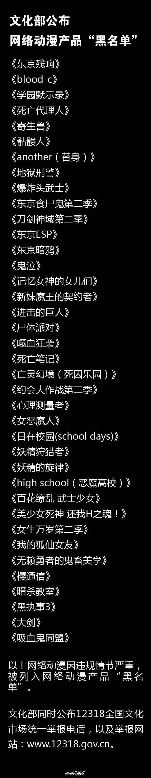 文化部公布网络动漫“黑名单”