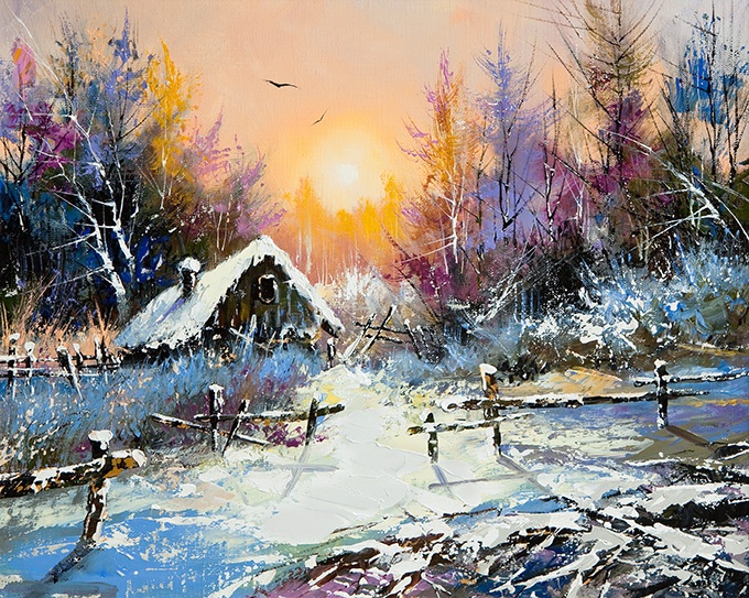 唯美冬天雪景油画图片素材
