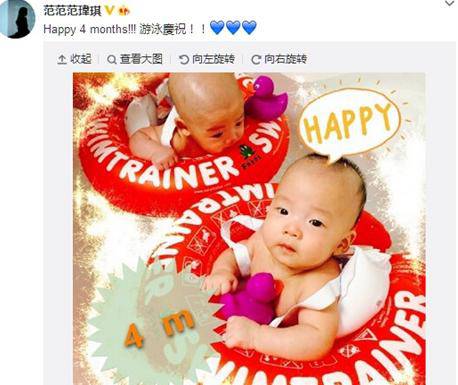 范玮琪庆爱子出生4个月 双胞胎游泳表情呆萌