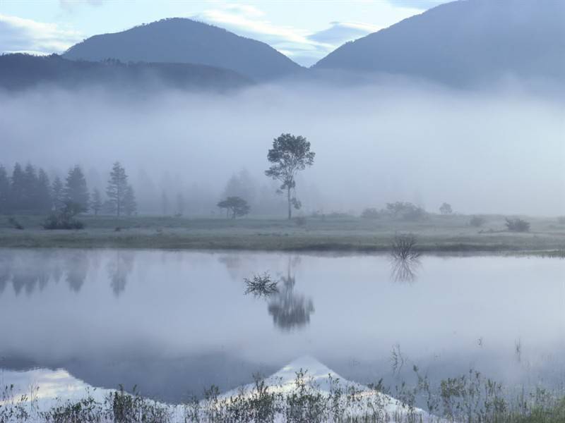初晨山水间云雾环绕美景