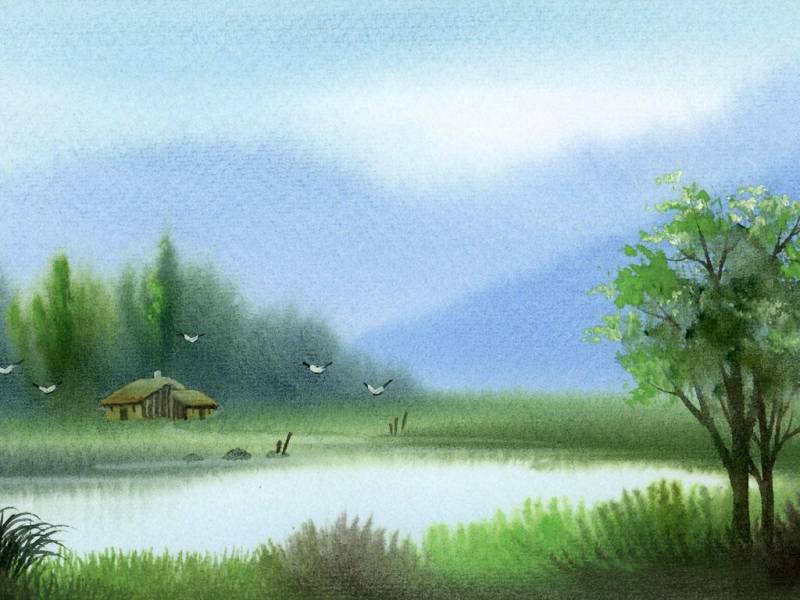 小清新湖畔精美画作风景图片