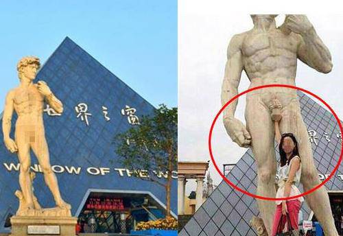 雕像遭女游客咸猪手 网友：羞耻心都去哪儿了？