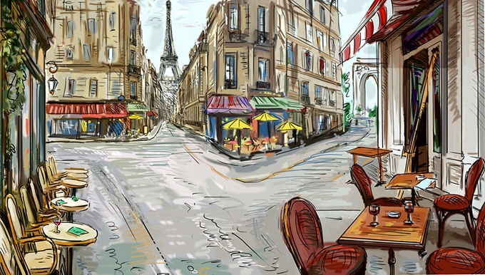 法国巴黎街景高清手绘图片