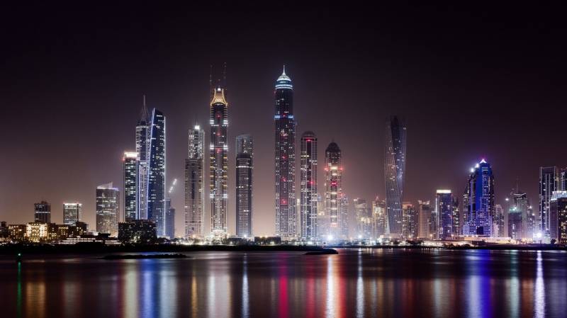 俯拍迪拜城市夜间唯美风景图片