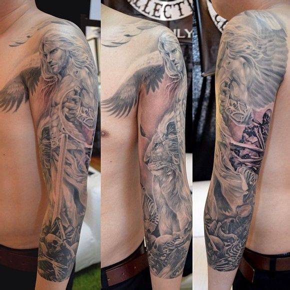 男生手臂天使纹身花臂刺青图片
