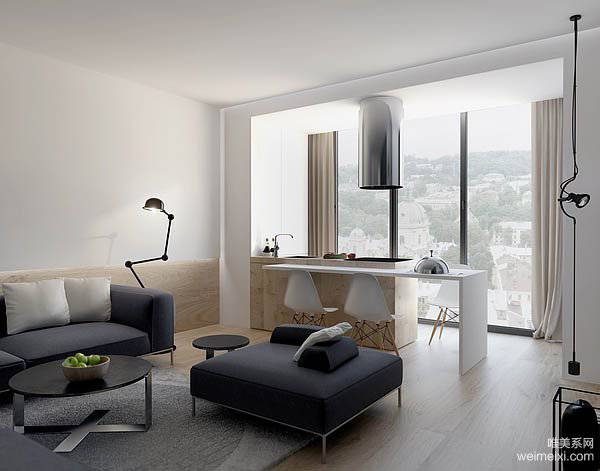 极简主义黑白风格公寓室内装修效果图