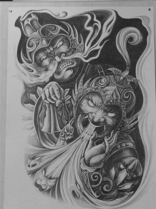 黑白图腾半甲纹身图案手稿