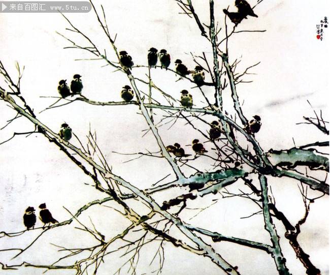 树木与叽叽喳喳的鸟儿国画图片