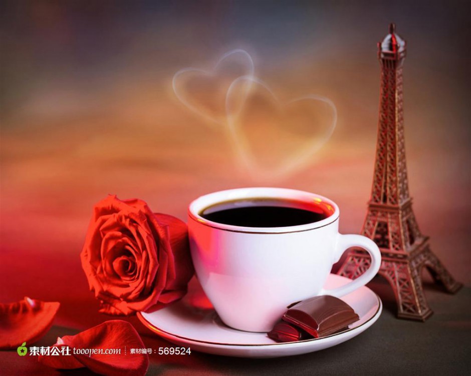 咖啡与红玫瑰埃菲尔铁塔图片素材