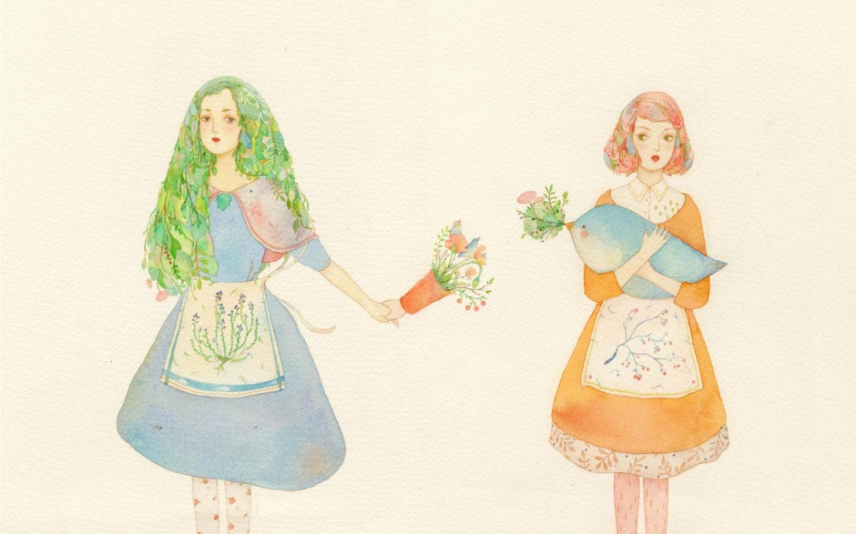 精美的女孩水彩画高清桌面壁纸