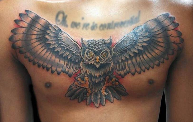 男士胸部个性猫头鹰纹身图案精选