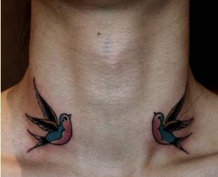 颈部可爱的小鸟纹身图片