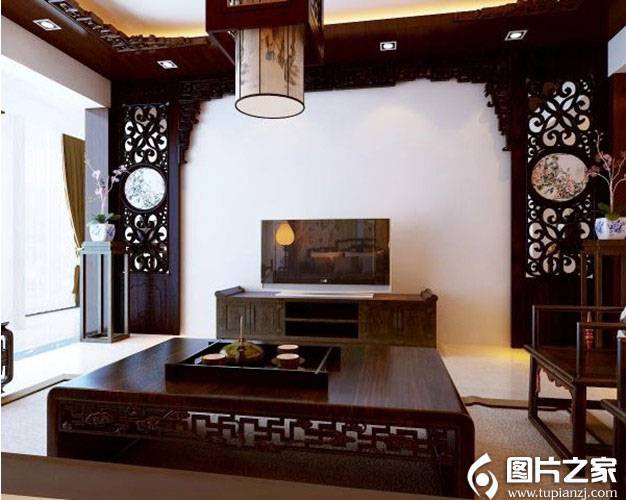 简约中式古典客厅背景墙装修效果图