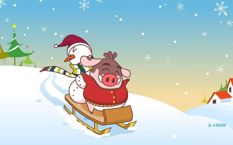 小猪滚滚红色圣诞节主题节日壁纸