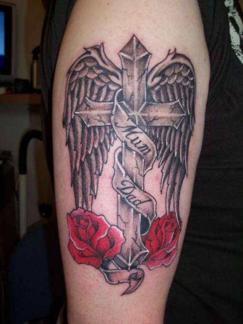 手臂纹身唯美图案精致的十字架玫瑰刺青
