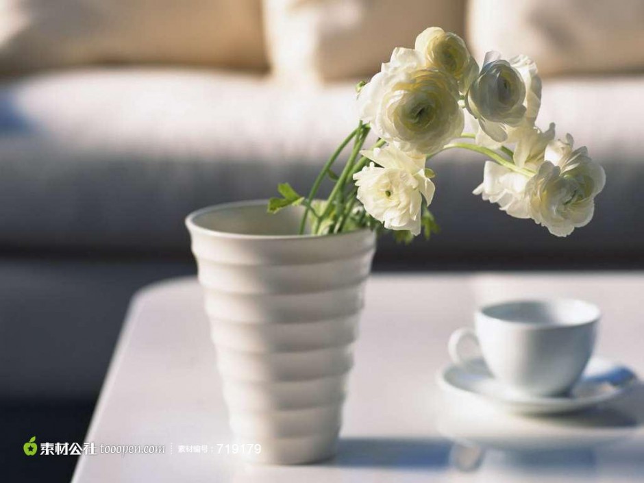 白色杯子里的花朵唯美图片