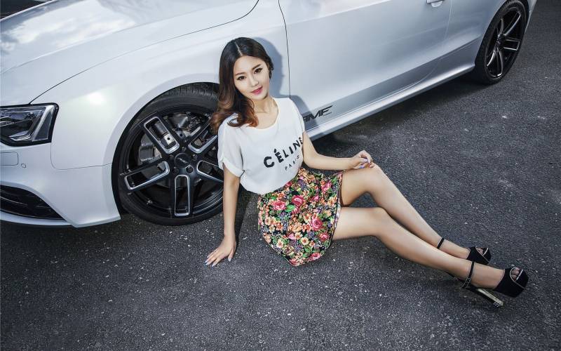 奥迪车模碎花短裙尽显清纯可人组图
