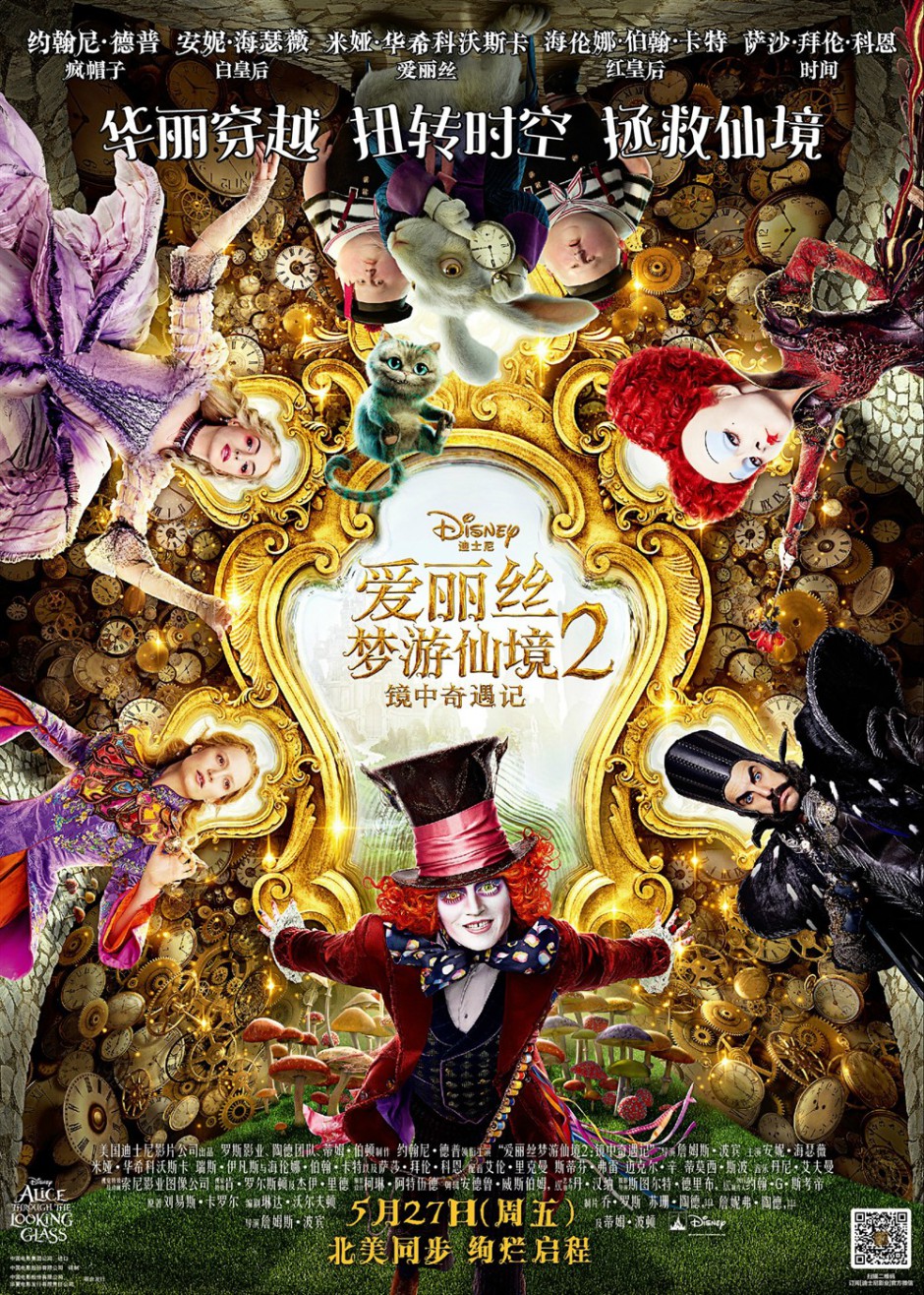 奇幻冒险电影推荐《爱丽丝梦游仙境2：镜中奇遇记》角色海报