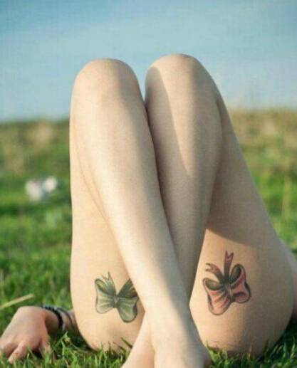 女生性感腿部蝴蝶结纹身图案
