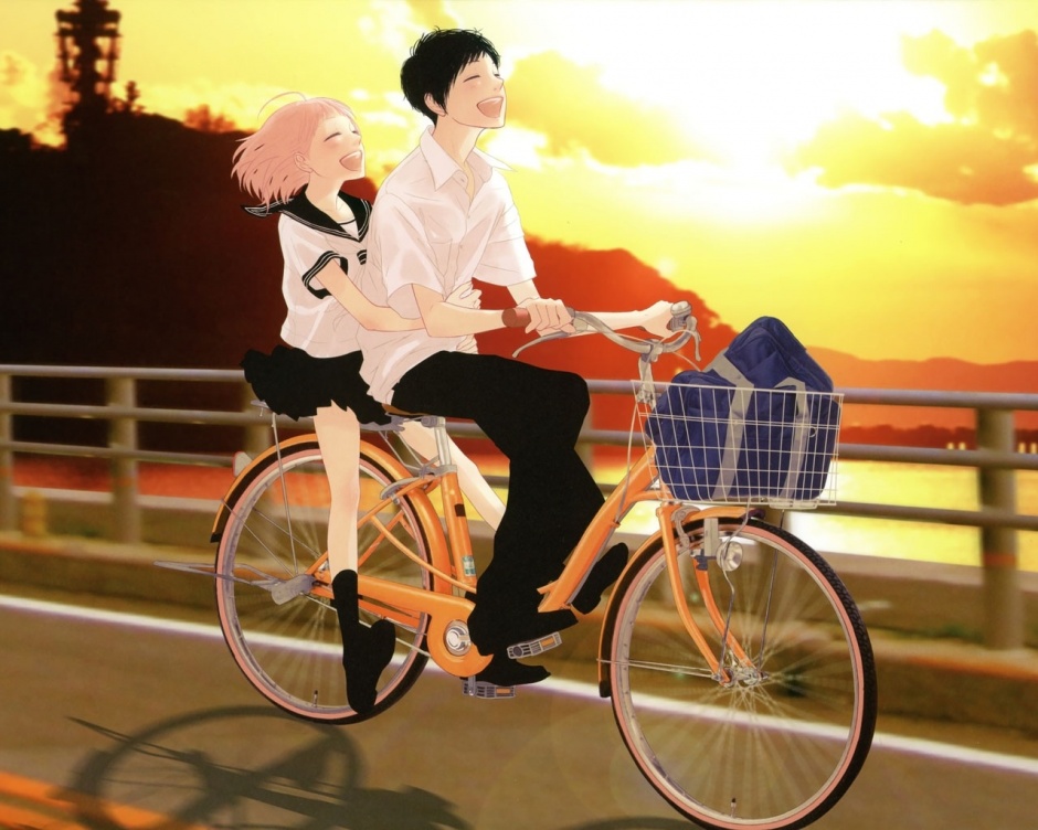夕阳下唯美的单车情侣动漫图片