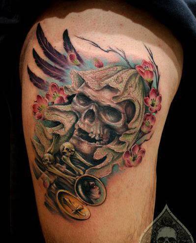 帅气的艺术腿部骷髅纹身图案