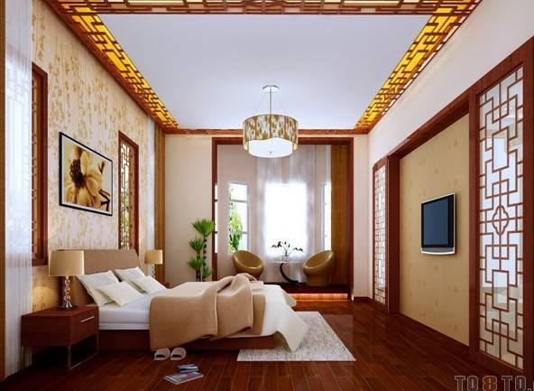中式古典风情别墅卧室装修效果图