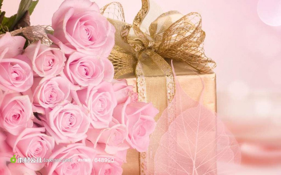 粉色玫瑰花束旁的礼物唯美图片