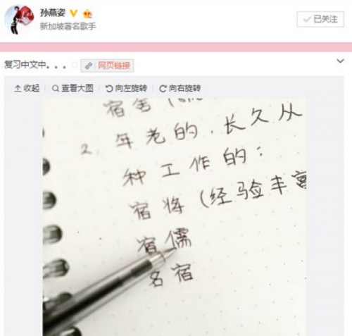孙燕姿称正在复习中文晒笔记 网友:这字太萌了