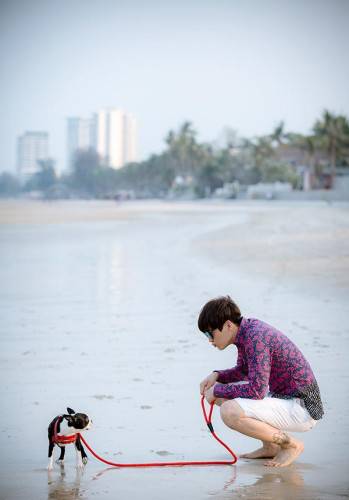 《爱你，万缕千丝》主演高云翔携宠物亮相沙滩
