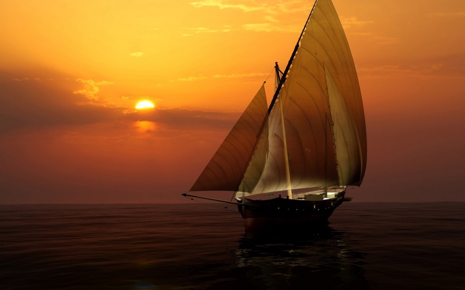 夕阳下的大海帆船高清壁纸